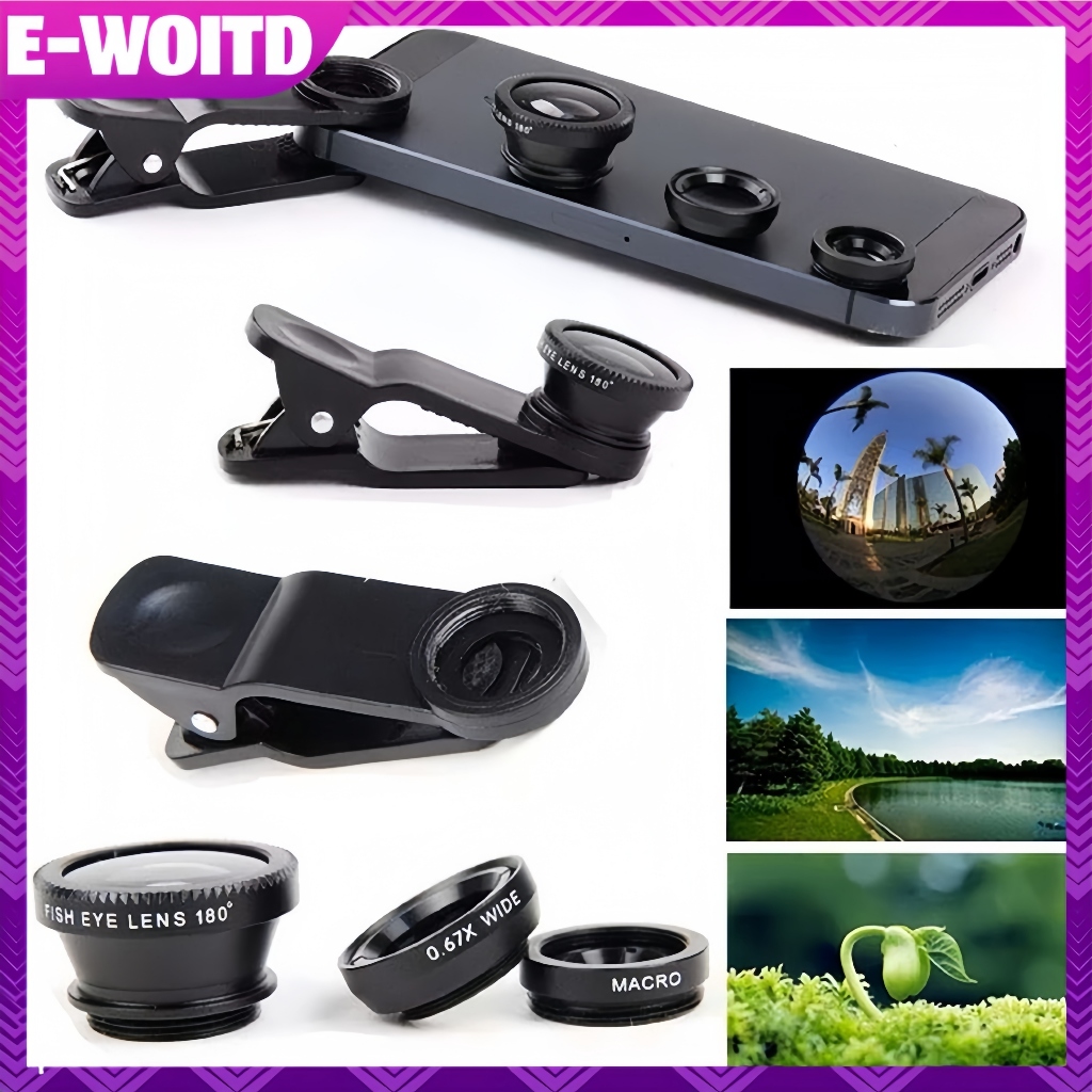 E-woitd 2in1 Ống kính điện thoại mắt cá Zoom góc rộng 0,45X Ống kính Macro mắt cá Bộ dụng cụ máy ảnh có ống kính kẹp trên điện thoại cho điện thoại thông minh HNVN