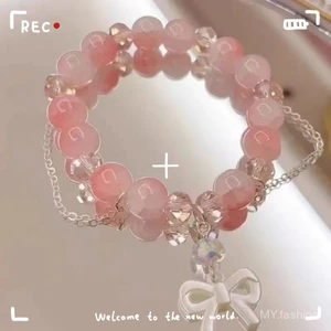 Vòng tay đào hồng thủy tinh đính đá hạt, phong cách mới cho bạn gái với nơ trắng ngọt ngào