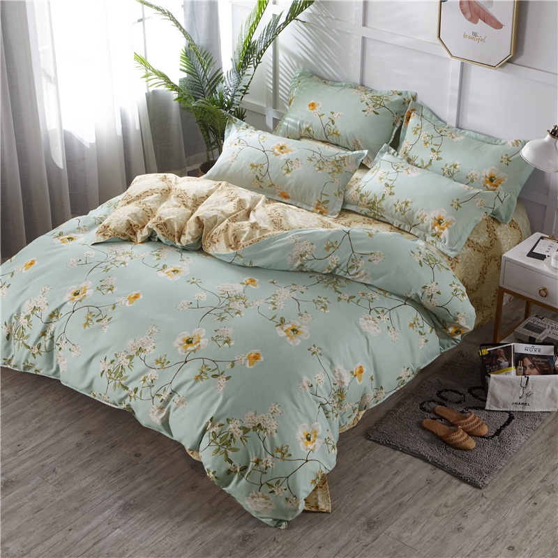Bộ chăn ga gối 4 món phong cách Hàn Quốc họa tiết hoa Ga phủ không bo chun Vỏ chăn (Không kèm ruột)