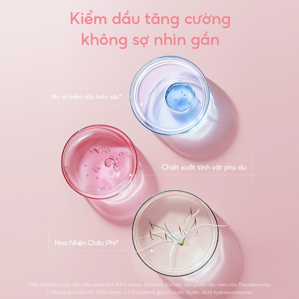 Kem dưỡng ẩm đệm Mooekiss phù hợp cho cả da dầu và khô, cung cấp độ che phủ lâu dài, kiểm soát dầu và làm sáng da
