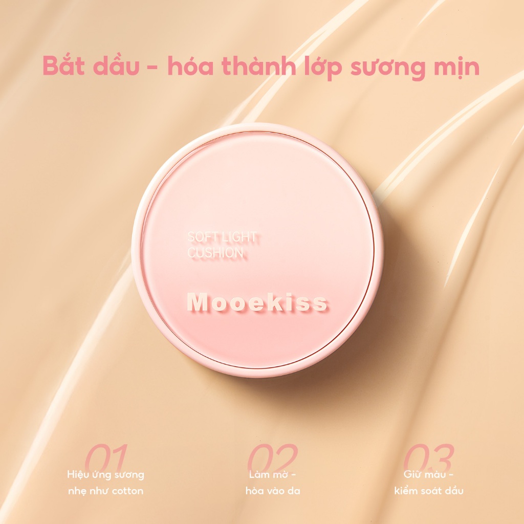 Kem dưỡng ẩm đệm Mooekiss phù hợp cho cả da dầu và khô, cung cấp độ che phủ lâu dài, kiểm soát dầu và làm sáng da