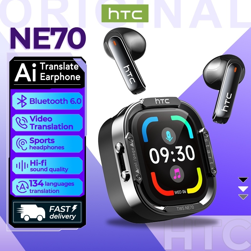 HTC NE70 Tai nghe dịch thuật AI Tai nghe Bluetooth 6.0 AI Translator Tai nghe dịch 134 ngôn ngữ màn hình LCD thông minh chất lượng âm thanh trầm TWS Bluetooth không dây có mic gọi điện HD thể thao, chống nước IPX5