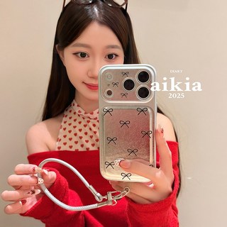 Hàn Quốc Ngọt Ngào Nữ Tính Nơ Da Bạc Wrsit Dây Đeo Ốp Lưng Điện Thoại iPhone 17Promax 17Pro 14 15 16 Pro Max 13 Chống Sốc Bảo Vệ Toàn Bộ Ống Kính Nữ Vỏ Di Động