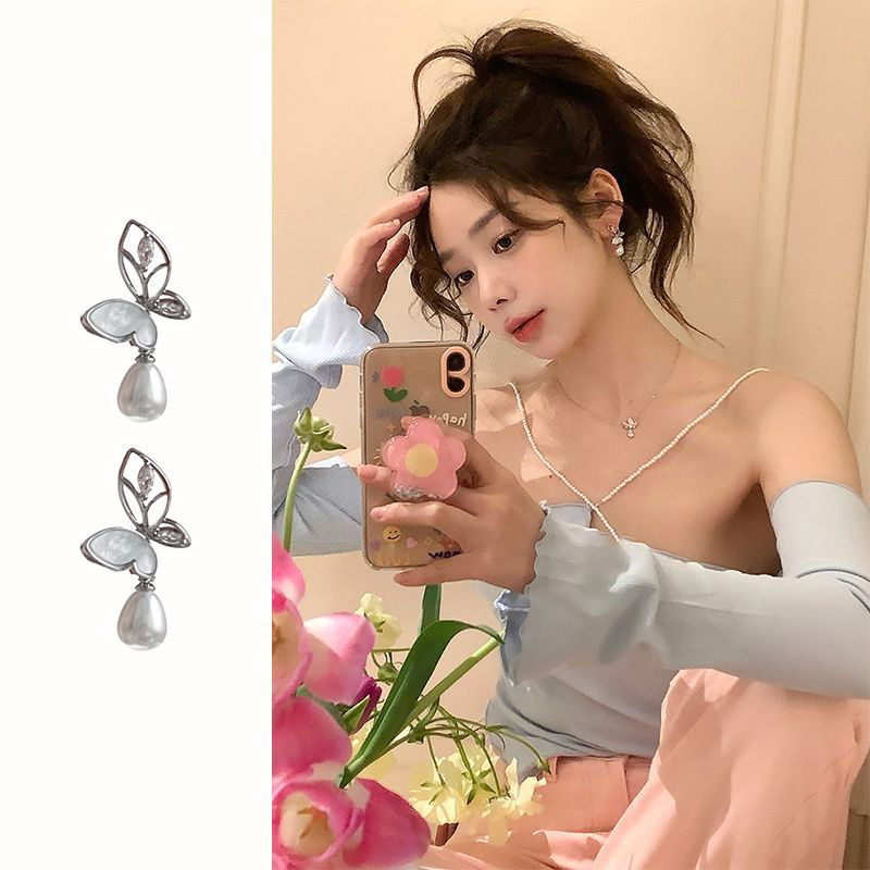 Bông tai ngọc trai bướm Kẹp tai cao cấp Phong cách nữ không gỉ