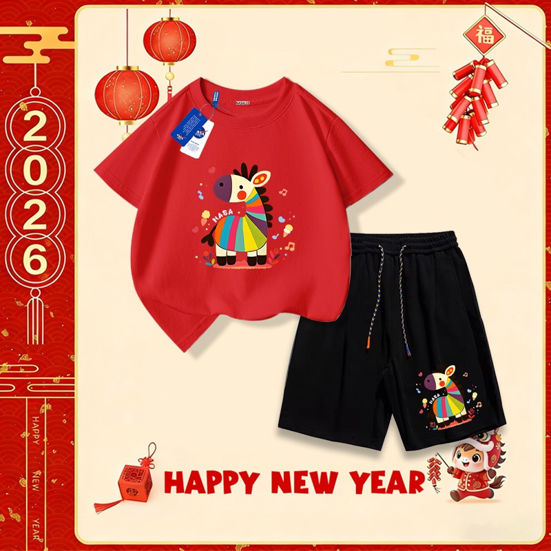 Nasa Set áo cotton cho trẻ em, bộ đồ ngắn tay quần short, mẫu mới Tết 2026, mềm mại thoải mái, thời trang dễ thương