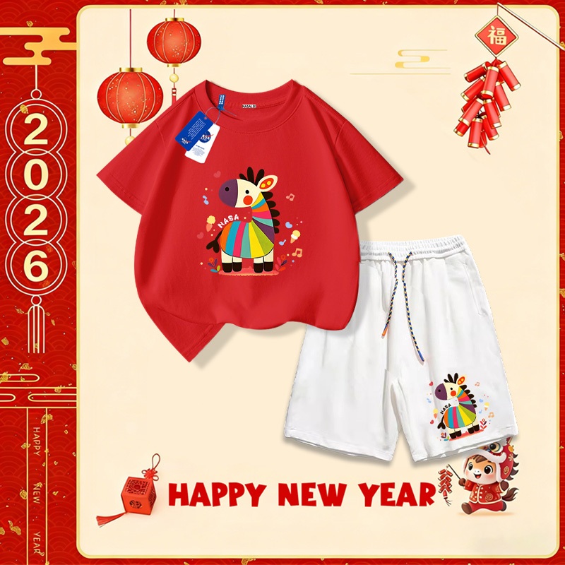 Nasa Set áo cotton cho trẻ em, bộ đồ ngắn tay quần short, mẫu mới Tết 2026, mềm mại thoải mái, thời trang dễ thương