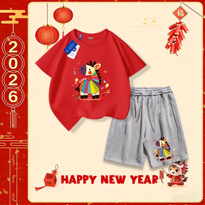 Nasa Set áo cotton cho trẻ em, bộ đồ ngắn tay quần short, mẫu mới Tết 2026, mềm mại thoải mái, thời trang dễ thương