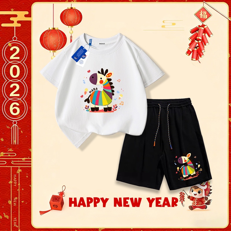 Nasa Set áo cotton cho trẻ em, bộ đồ ngắn tay quần short, mẫu mới Tết 2026, mềm mại thoải mái, thời trang dễ thương