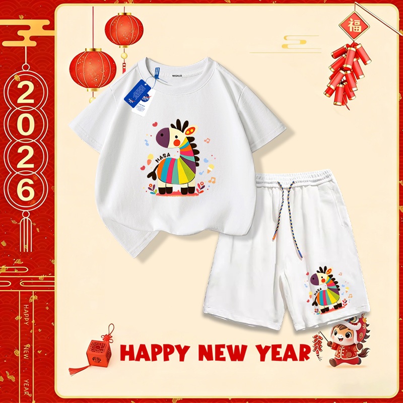 Nasa Set áo cotton cho trẻ em, bộ đồ ngắn tay quần short, mẫu mới Tết 2026, mềm mại thoải mái, thời trang dễ thương