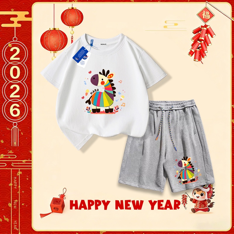 Nasa Set áo cotton cho trẻ em, bộ đồ ngắn tay quần short, mẫu mới Tết 2026, mềm mại thoải mái, thời trang dễ thương