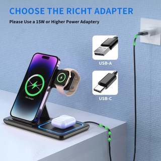 Sạc nhanh không dây 30W có thể gập lại Trạm sạc đèn LED đứng 3 trong 1 Tương thích với điện thoại Đồng hồ Pods Android