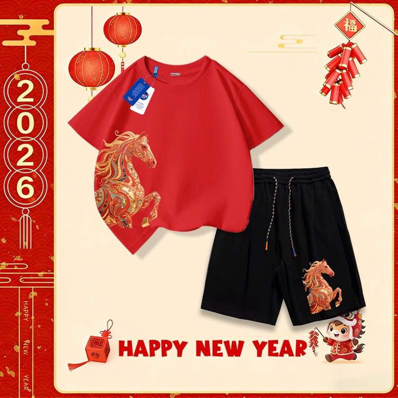 Nasa Set áo cotton cho trẻ em, bộ đồ ngắn tay quần short, mẫu mới Tết 2026, mềm mại thoải mái, thời trang dễ thương