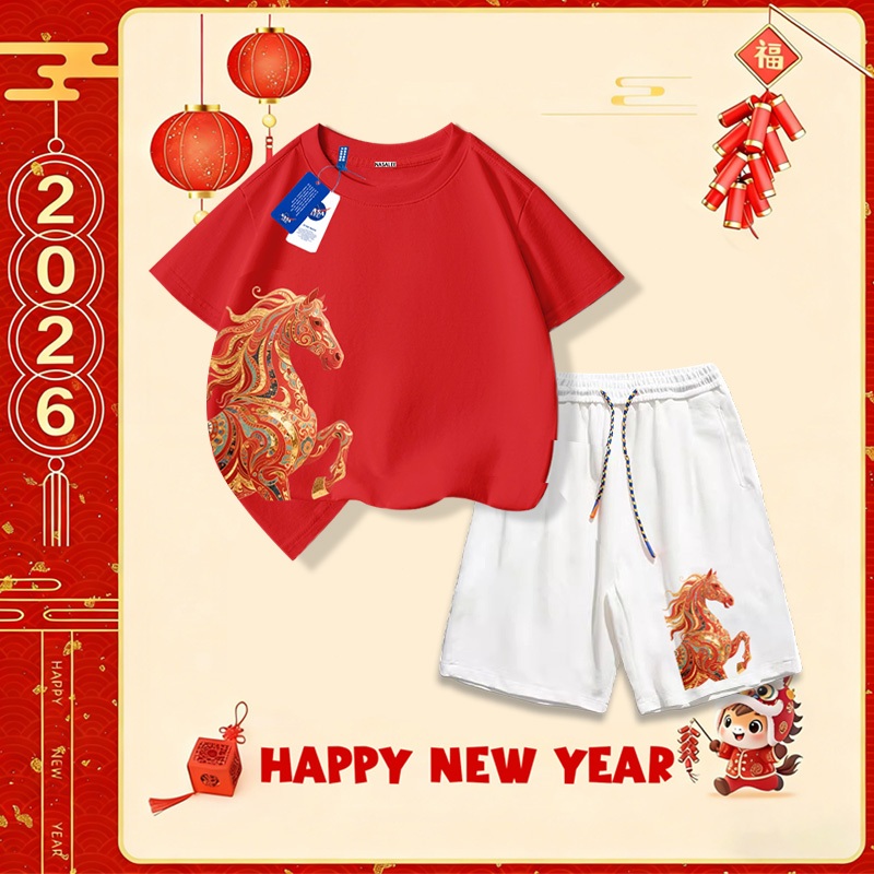 Nasa Set áo cotton cho trẻ em, bộ đồ ngắn tay quần short, mẫu mới Tết 2026, mềm mại thoải mái, thời trang dễ thương