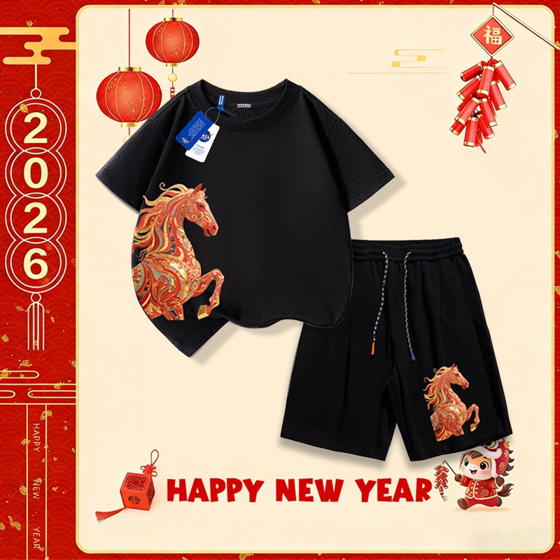 Nasa Set áo cotton cho trẻ em, bộ đồ ngắn tay quần short, mẫu mới Tết 2026, mềm mại thoải mái, thời trang dễ thương