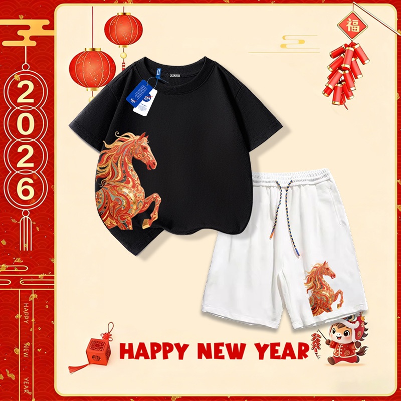 Nasa Set áo cotton cho trẻ em, bộ đồ ngắn tay quần short, mẫu mới Tết 2026, mềm mại thoải mái, thời trang dễ thương