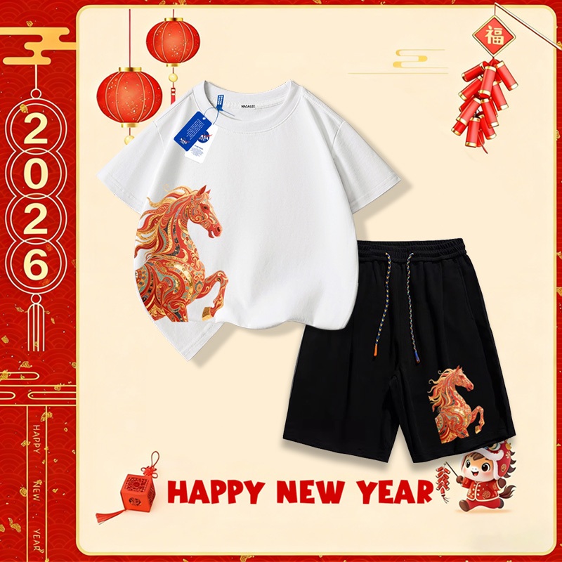 Nasa Set áo cotton cho trẻ em, bộ đồ ngắn tay quần short, mẫu mới Tết 2026, mềm mại thoải mái, thời trang dễ thương