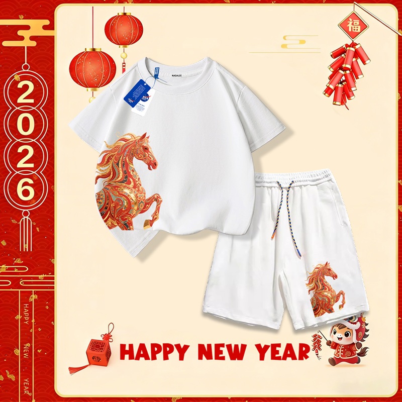 Nasa Set áo cotton cho trẻ em, bộ đồ ngắn tay quần short, mẫu mới Tết 2026, mềm mại thoải mái, thời trang dễ thương
