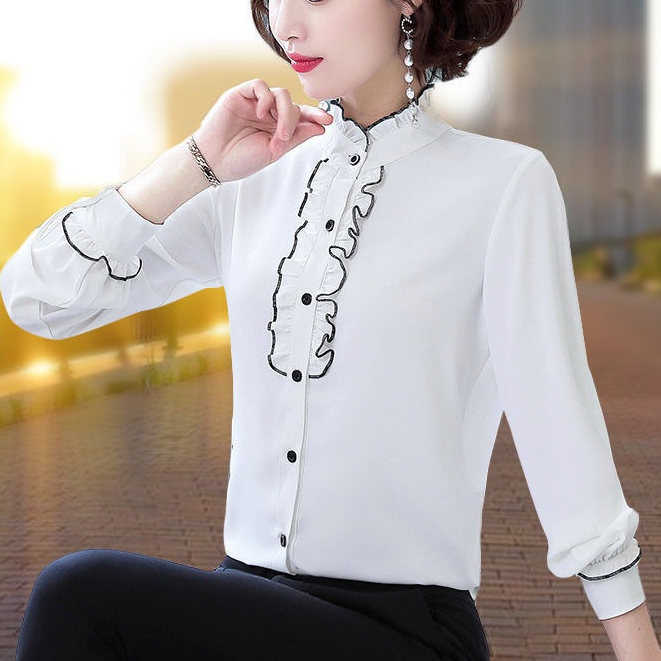 Áo sơ mi dài tay sóng sọc trắng bên S-3xl thiết kế đường viền cổ đặc biệt dành cho nữ