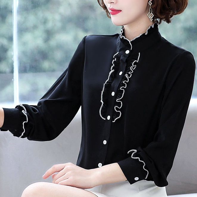 Áo sơ mi dài tay sóng sọc trắng bên S-3xl thiết kế đường viền cổ đặc biệt dành cho nữ