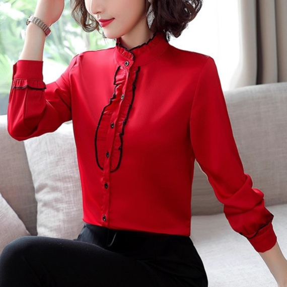Áo sơ mi dài tay sóng sọc trắng bên S-3xl thiết kế đường viền cổ đặc biệt dành cho nữ