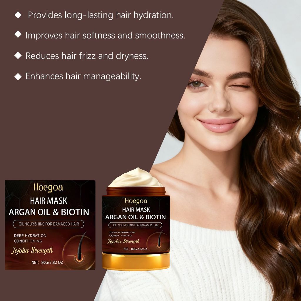 Mặt nạ dưỡng tóc điều hòa sâu Hoegoa cho tóc hư tổn – Dầu Argan & Biotin Jojoba Hair Treatment – Mặt nạ sửa chữa tóc để chăm sóc tóc khô, xoăn, xoăn, xoăn 80g
