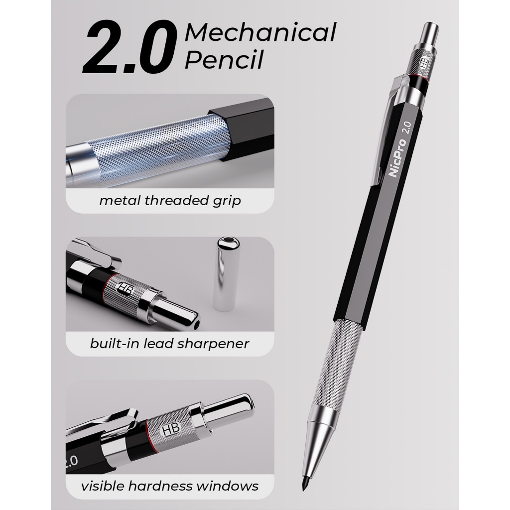 Bộ bút chì cơ khí kim loại 2mm Nicpro có hộp đựng, Hộp đựng bút chì 3 chiếc 2.0 mm với 144 chiếc Nạp chì (4H 2H HB 2B 4B 6B Màu), Tẩy, Mài để soạn thảo Vẽ viết