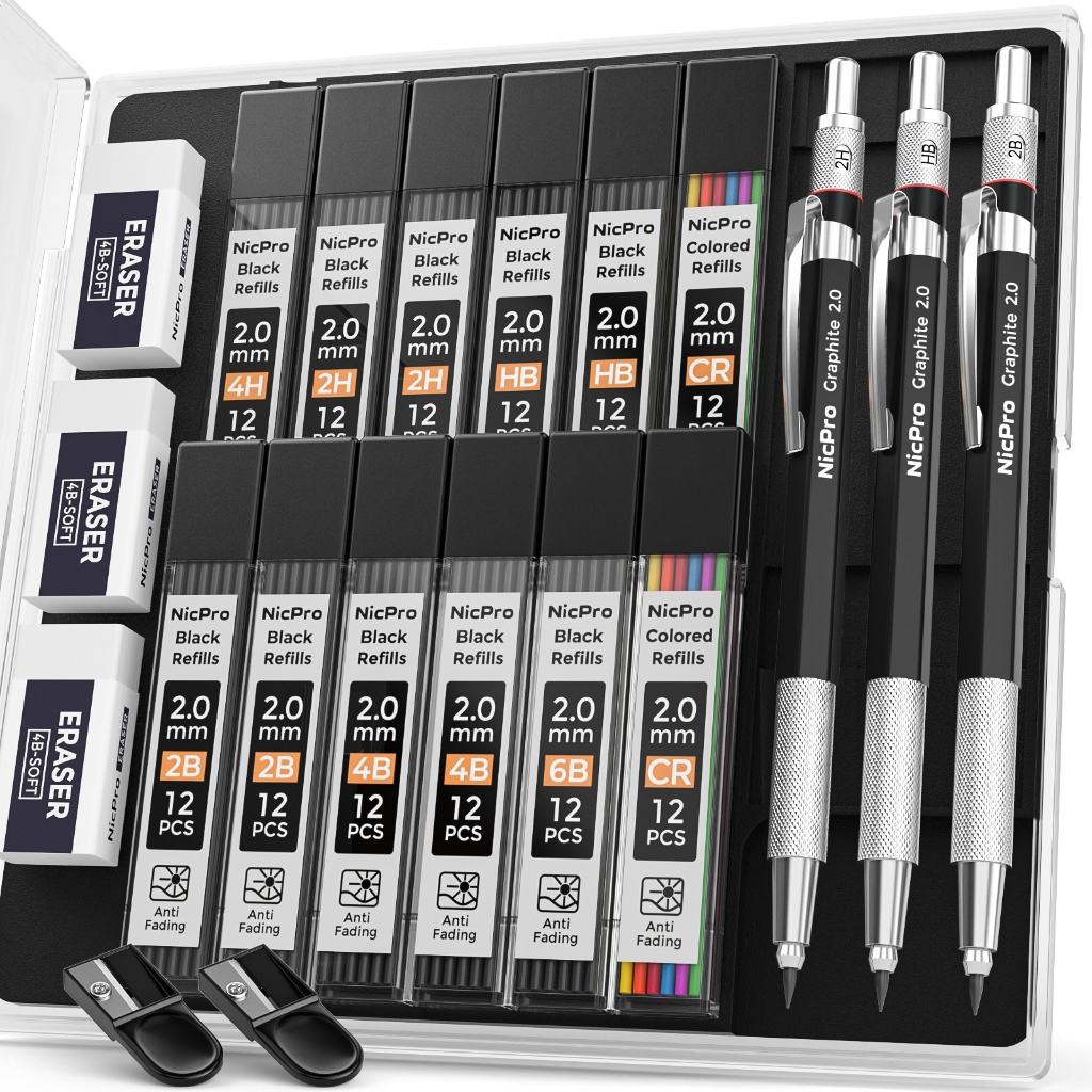 Bộ bút chì cơ khí kim loại 2mm Nicpro có hộp đựng, Hộp đựng bút chì 3 chiếc 2.0 mm với 144 chiếc Nạp chì (4H 2H HB 2B 4B 6B Màu), Tẩy, Mài để soạn thảo Vẽ viết