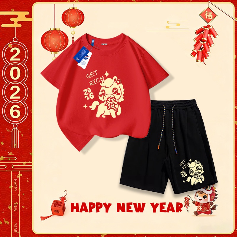 NASA Bộ đồ cotton 2026 phiên bản Tết mới, bộ quần áo trẻ em áo thun tay ngắn và quần short, mềm mại, thoải mái, thời trang và dễ thương