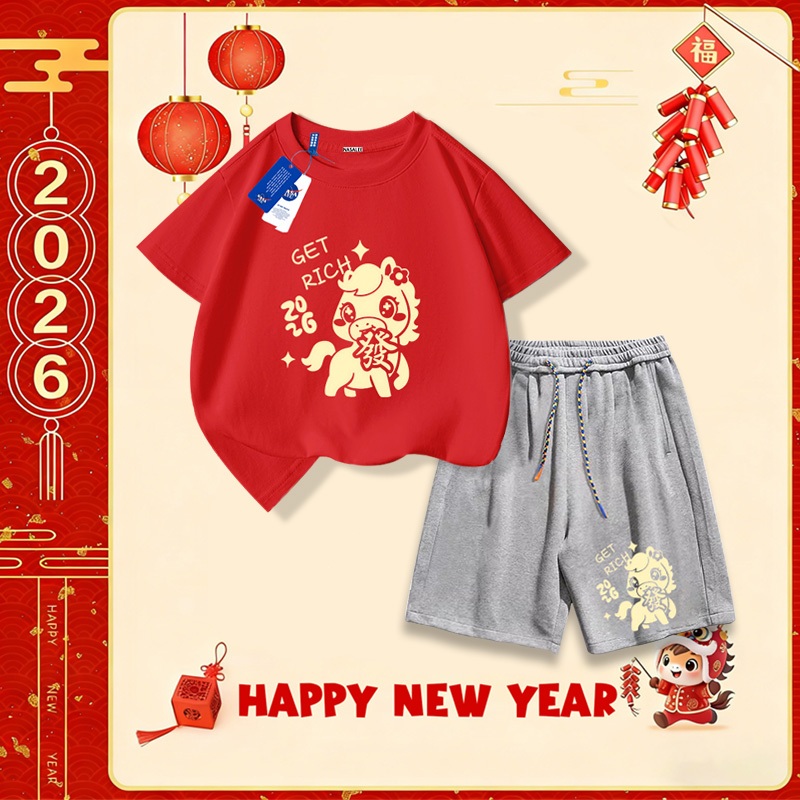 NASA Bộ đồ cotton 2026 phiên bản Tết mới, bộ quần áo trẻ em áo thun tay ngắn và quần short, mềm mại, thoải mái, thời trang và dễ thương