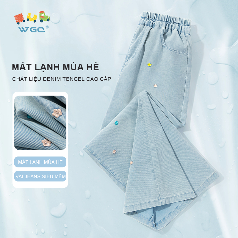 W.G.Q Quần jeans Tencel bé gái , Chất liệu denim Tencel cao cấp，Mát lạnh mùa hè, mềm mại êm ái，Công nghệ làm mát, vải jeans siêu mềm