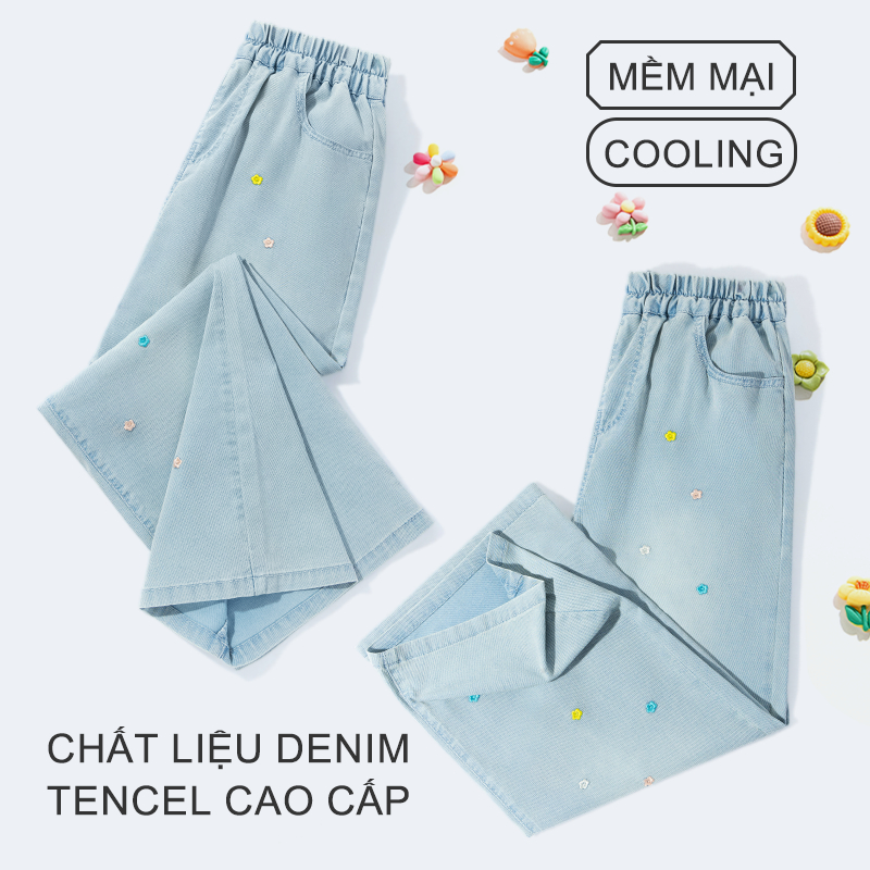 W.G.Q Quần jeans Tencel bé gái , Chất liệu denim Tencel cao cấp，Mát lạnh mùa hè, mềm mại êm ái，Công nghệ làm mát, vải jeans siêu mềm