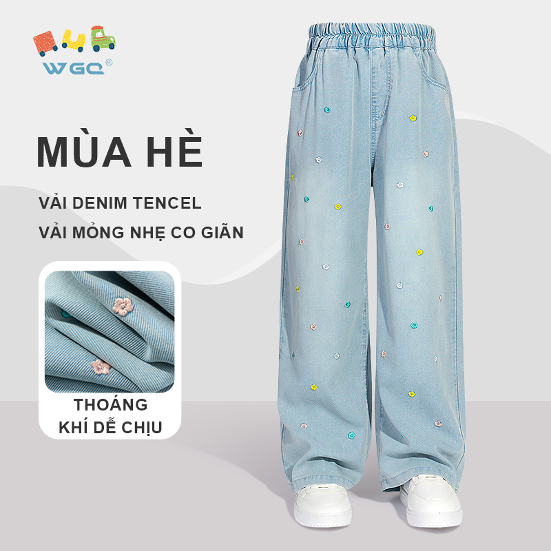W.G.Q Quần jeans Tencel bé gái , Công nghệ mát mẻ, Quần jean siêu mềm, Co giãn nhẹ thoáng khí