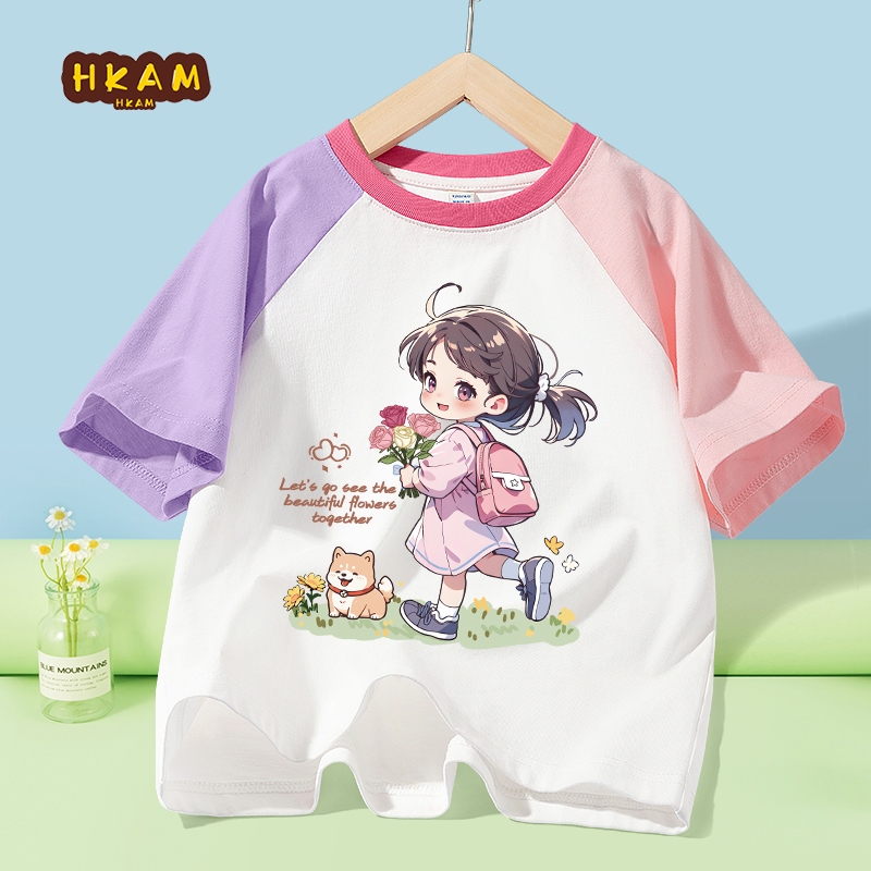 HKAM Áo Thun Bé Gái Cotton Trẻ Em Raglan Tay Áo Thun Thời Trang Thoáng Khí Mềm Mại