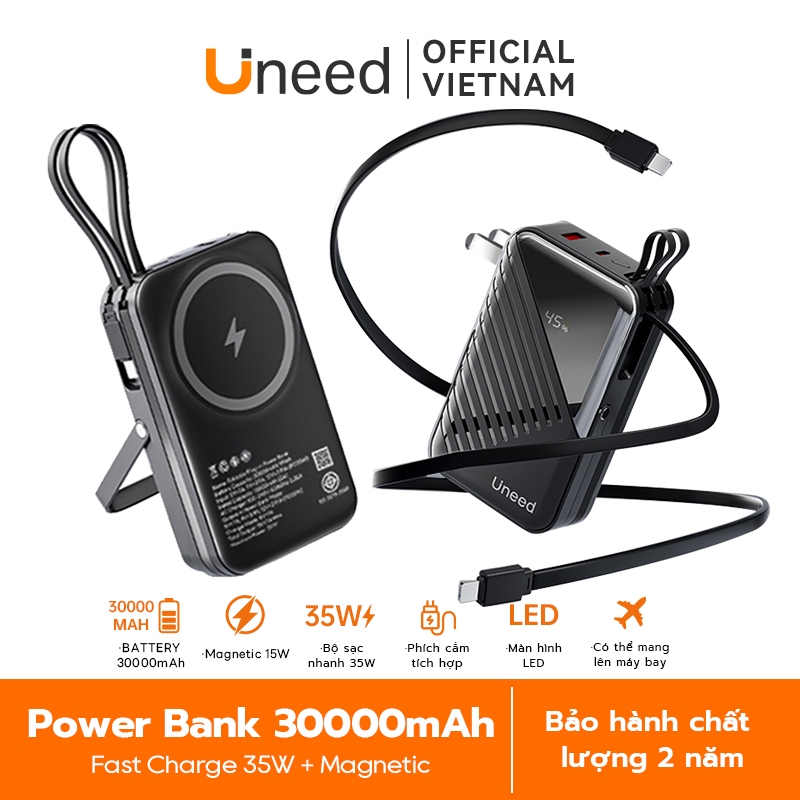 [Bảo hành 2 năm] Uneed sạc dự phòng 30000mAh Sạc nhanh PD35W không dây 22.5W for iPh8-17 sạc điện thoại pin dự phòng