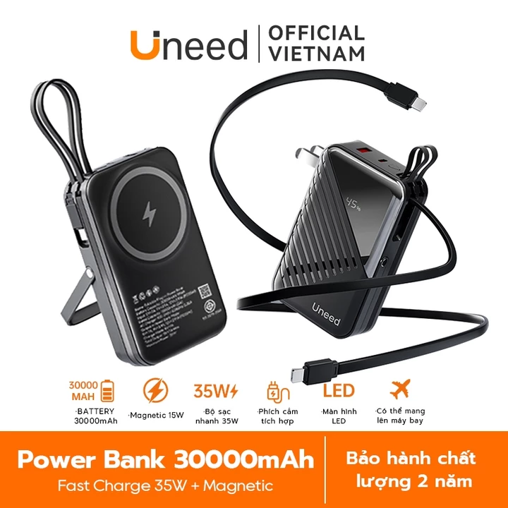 [Bảo hành 2 năm] Uneed sạc dự phòng 30000mAh Sạc nhanh PD35W không dây 22.5W for iPh8-17 sạc điện thoại pin dự phòng