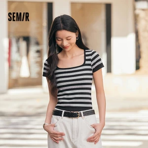 Semir áo thun nữ cổ vuông slim fit casual top sọc vintage mùa xuân