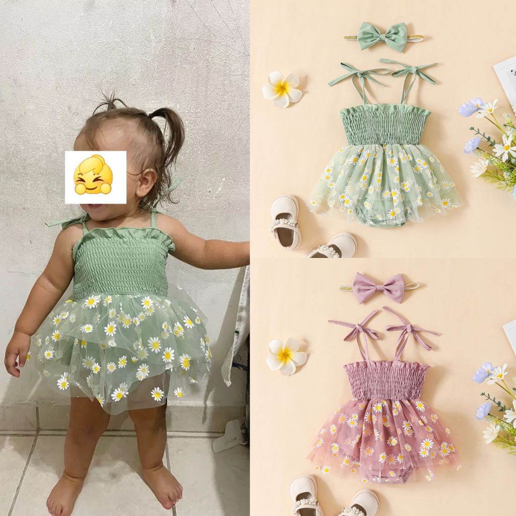 Áo Liền Quần Hai Dây Dáng Chữ A Vải Tuyn Đính Nơ In Hoa Dễ Thương Cho Bé Gái 0-18 Tháng Tuổi