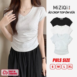 【Hạn giờ】Mẫu mới  Cách Hàn Quốc Baby Tee, Cổ Chữ V, Xếp Ly Không ĐềuSlim-Fit, Áo Thun Ngắn Nữ Phong