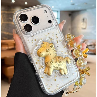 3D Ngựa Vàng Làm Giàu Lấp Lánh Kim Sa Lấp Lánh Trong Suốt Wrsit Dây Xích Ốp Lưng Điện Thoại iPhone 17Promax 17Pro 12 13 14 15 16 Pro Max 11 15Plus Chống Sốc Nam Nữ Vỏ Di Động