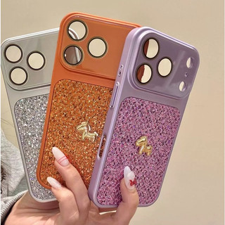 Phim Bảo Vệ Ống Kính Mạ Màu Cam 3D Ngựa Vàng Kẻ Sọc Lấp Lánh Lấp Lánh Vỏ Điện Thoại iPhone 17Promax 17pro 14 15 16 Pro Max 13 Vỏ Di Động Nữ Chống Sốc