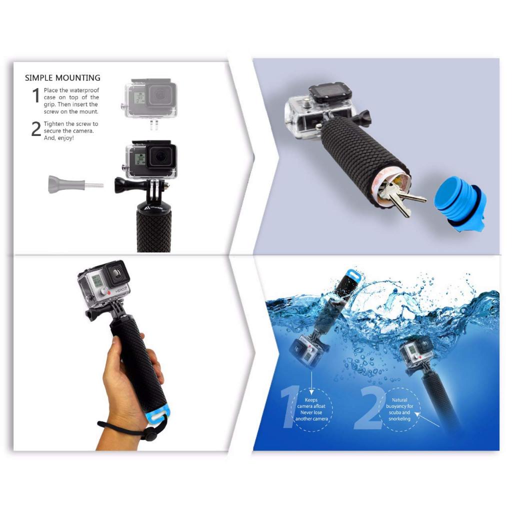 Tay cầm nổi cho GoPro & Camera hành động – Thanh nổi chống nước có tay cầm TPE chống trượt, Dây đeo cổ tay an toàn, Ngăn lưu trữ – Tương thích với GoPro Hero 13 – 4, Max