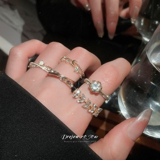 DREJEW Set 7 Nhẫn Kim Cương Giả Hình Ngôi Sao Vàng và Lá Mặt Trăng - Phù Hợp Làm Phụ Kiện Thời Trang Mỗi Ngày