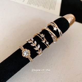 DREJEW Set 7 Nhẫn Kim Cương Giả Hình Ngôi Sao Vàng và Lá Mặt Trăng - Phù Hợp Làm Phụ Kiện Thời Trang Mỗi Ngày