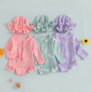 Mg-baby Bé Gái Đồ Bơi Tay Dài In Hoa Bikini Có Mũ Đồ Bơi Sơ Sinh Cho Tắm Mùa Hè