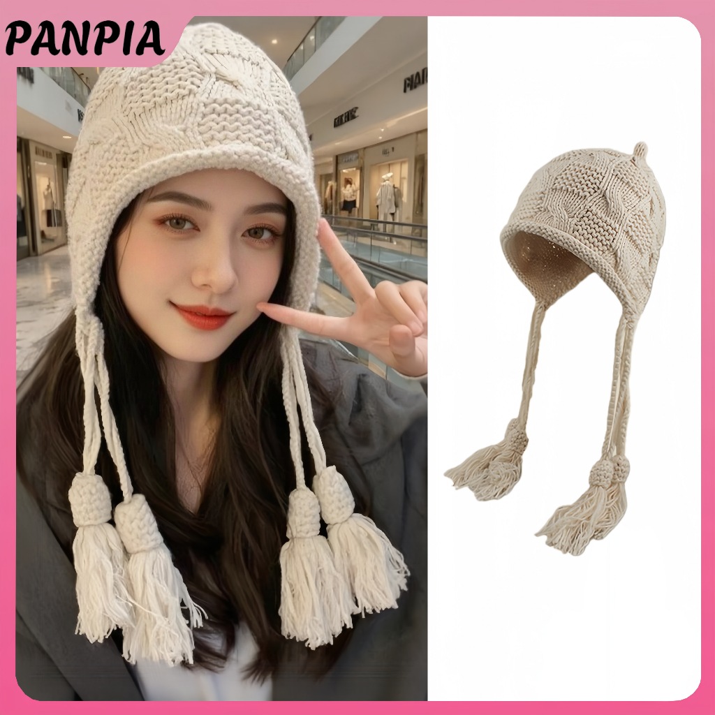PNPIA- Mũ Dệt Kim Handmade Cho Nữ Mùa Đông Ấm Áp Bảo Vệ Tai Nữ Nữ Hàn Quốc Móc Chui Đầu Mũ