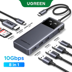 Hub USB-C 8 trong 1 UGREEN Uno - Truyền dữ liệu 10Gbps, Sạc PD100W mạnh mẽ, HDMI 4K @ 60Hz, Đầu đọc thẻ SD / TF 3.0, Màn hình LED thông minh cho MacBook Pro / Air, Máy tính xách tay Windows