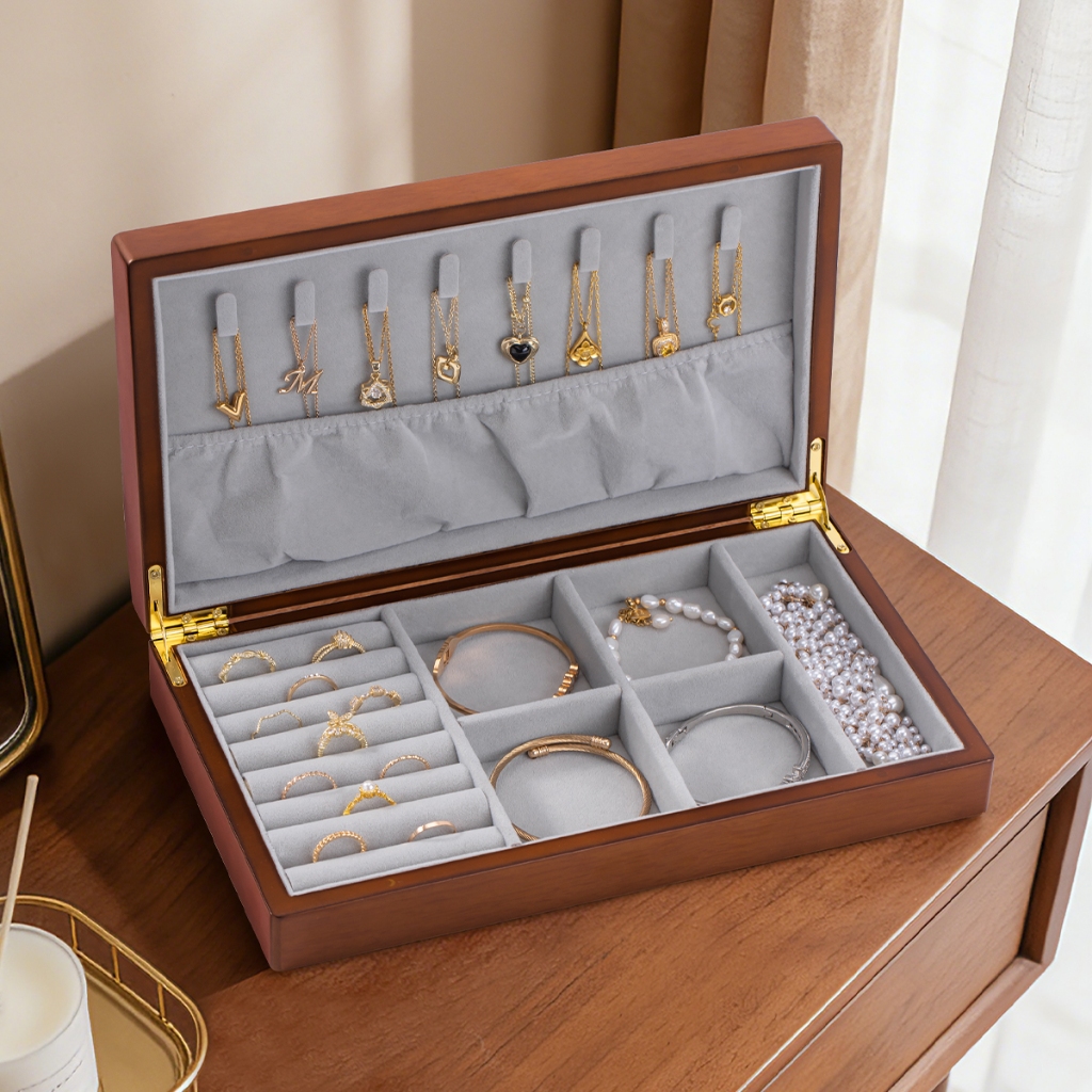 CASEGRACE Gỗ Hộp Đựng Đồ Trang Sức Có Khóa Và Chìa Khóa Trang Sức Hiển Thị Đứng Hộp Quà Tặng Trang Sức Tổ Chức Cho Bông Tai Vòng Cổ Hộp Nhẫn