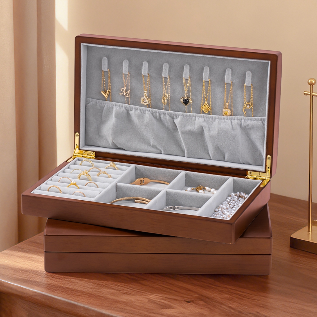 CASEGRACE Gỗ Hộp Đựng Đồ Trang Sức Có Khóa Và Chìa Khóa Trang Sức Hiển Thị Đứng Hộp Quà Tặng Trang Sức Tổ Chức Cho Bông Tai Vòng Cổ Hộp Nhẫn