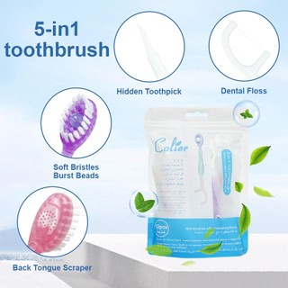 12 Cái / túi Bàn chải đánh răng dùng một lần 5 trong 1 đa chức năng di động với kem đánh răng hương vị bạc hà Bàn chải lưỡi tăm tăm tăm để thở trong lành