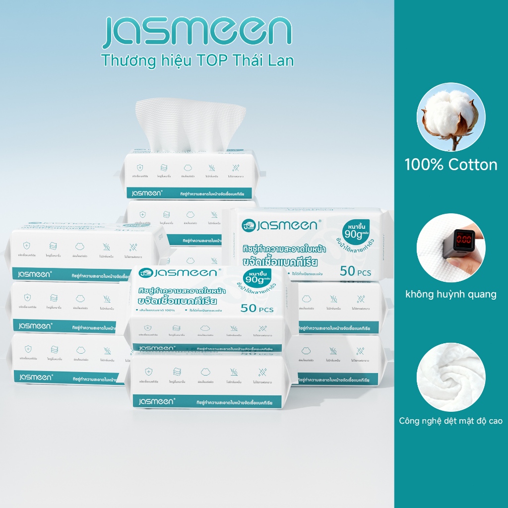 Khăn mặt khô 20*20 cm JASMEEN - Khăn mặt khô dùng một lần, 50 tờ - Khăn mặt khô sợi cotton thực vật - ướt